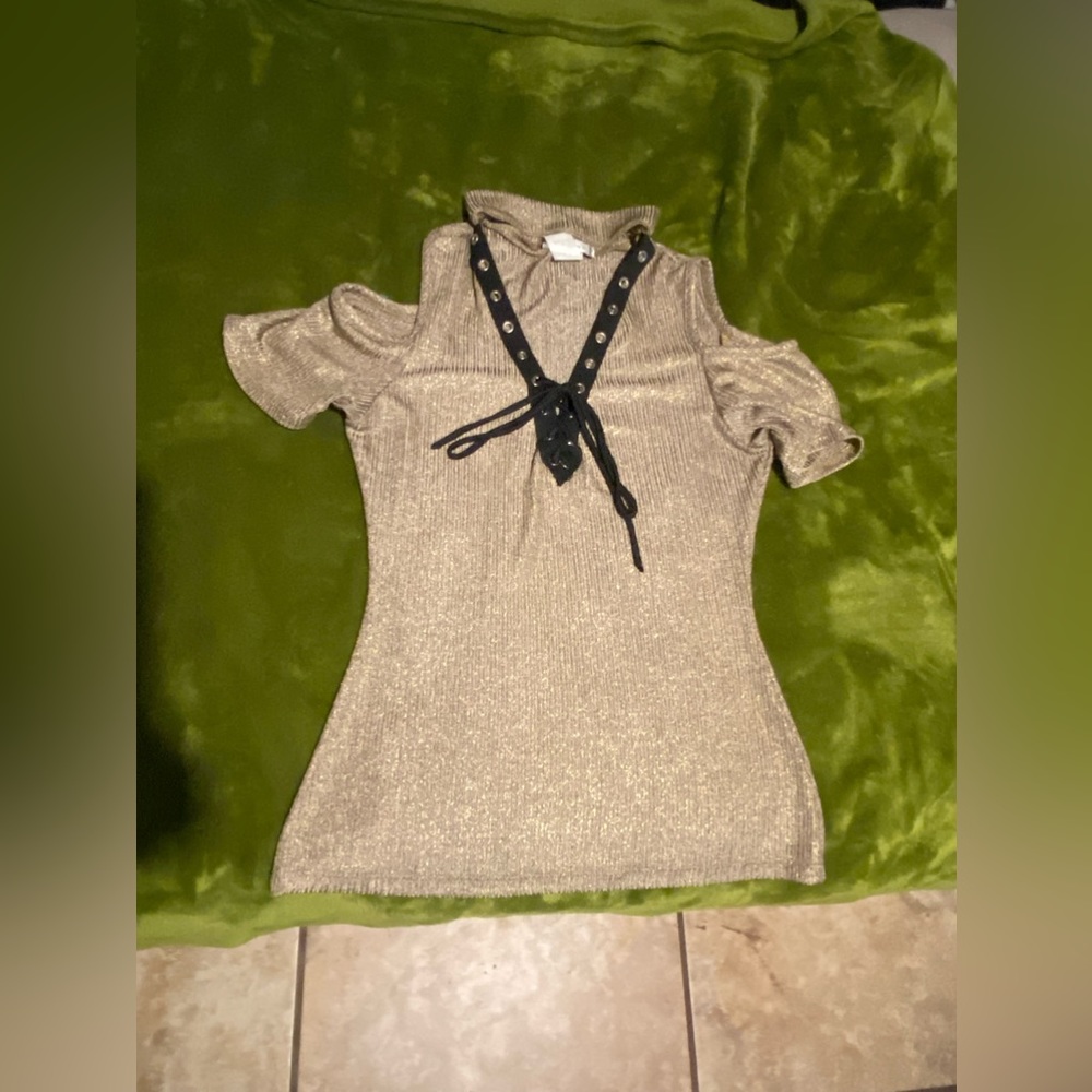Gold shirt off the shoulder